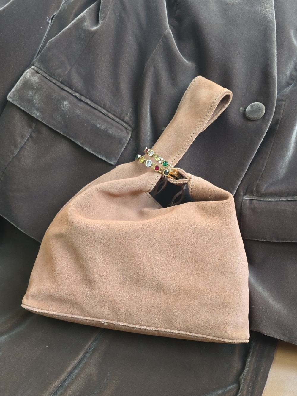Suede Knot Handle Wristlet Bag in Brown